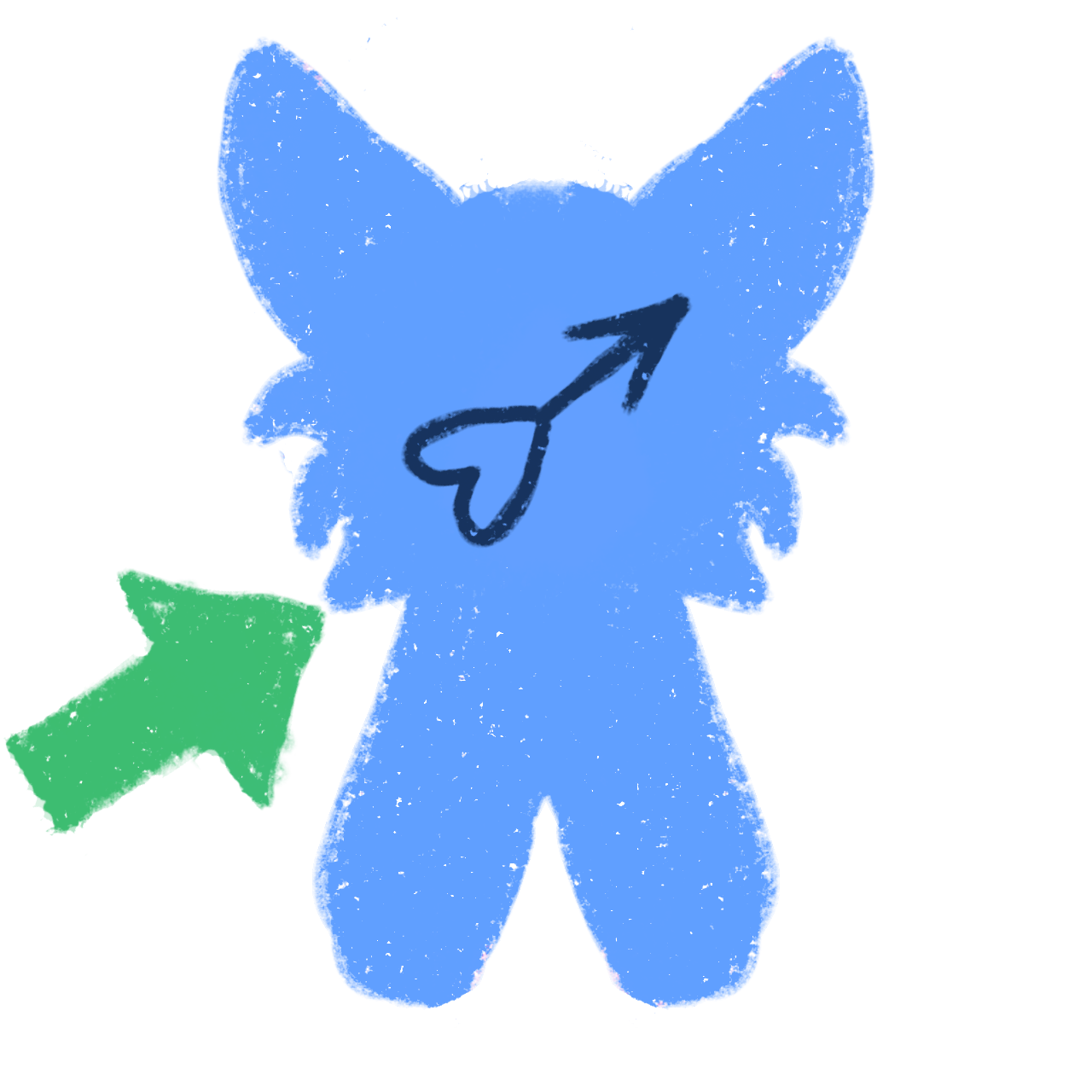 a simplified features a blue, rounded figure with large pointed ears resembling a stylized animal or plush toy. A heart-like symbol with a arrow on top, indicating masculinity, is drawn on the face. A green arrow points towards the figure, highlighting its significance. and the illustration has a rough, textured appearance.